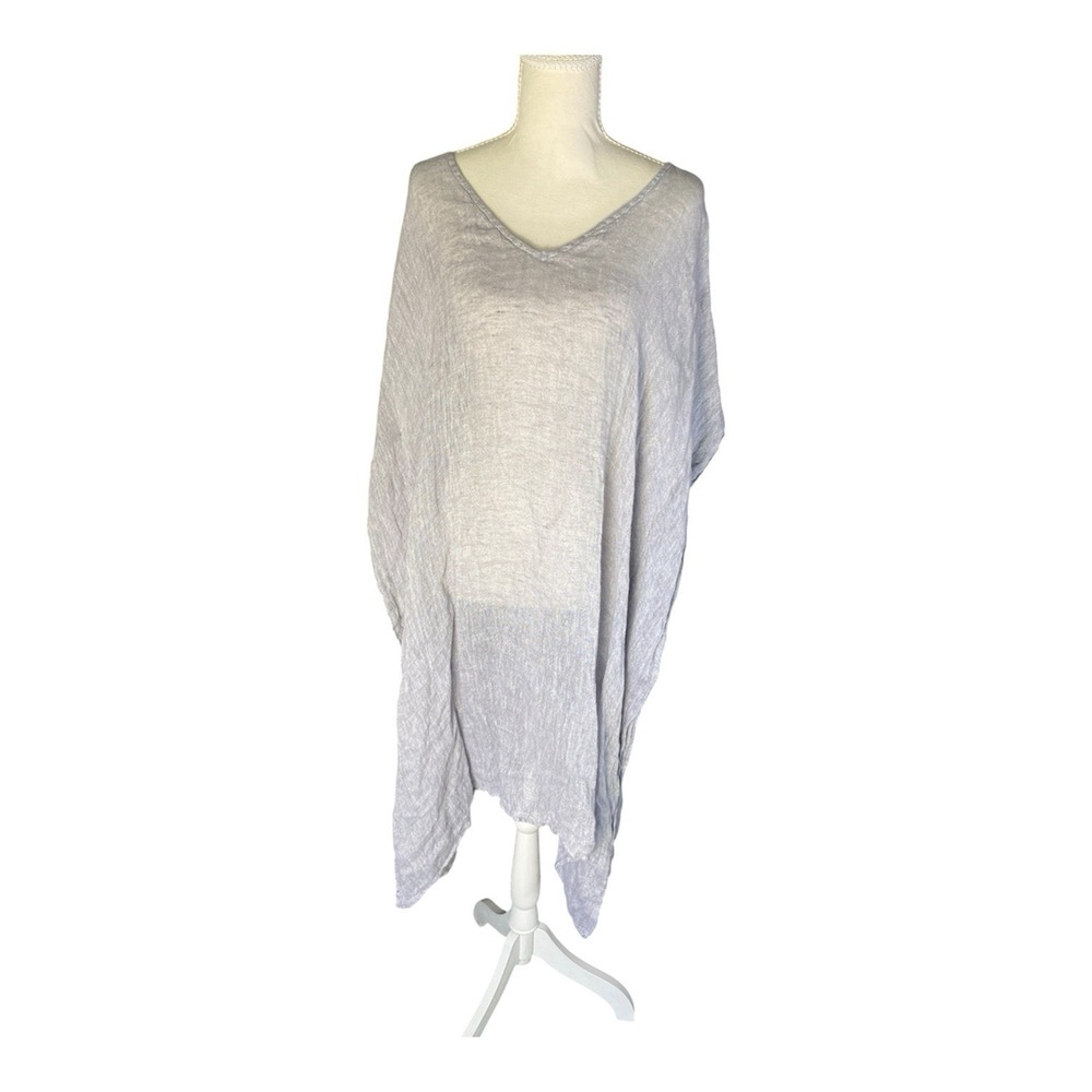 EILEEN FISHER Delave Organic Linen Gauze Kaftan Dress Top Grey Beach Coverup OS